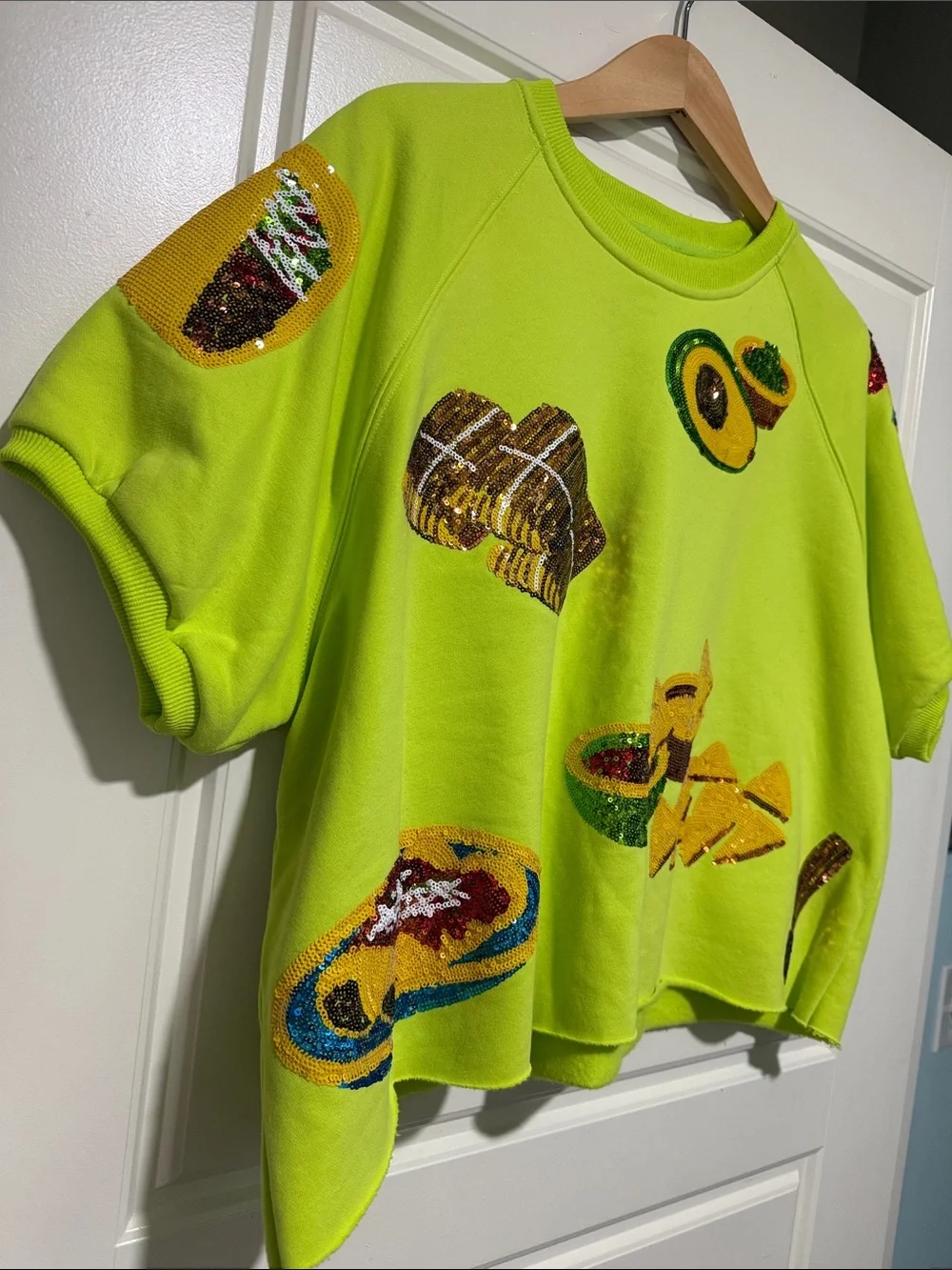 QUEEN OF SPARKLES Neon green Sequin Mexican Food Short Sleeve Sweatshirt